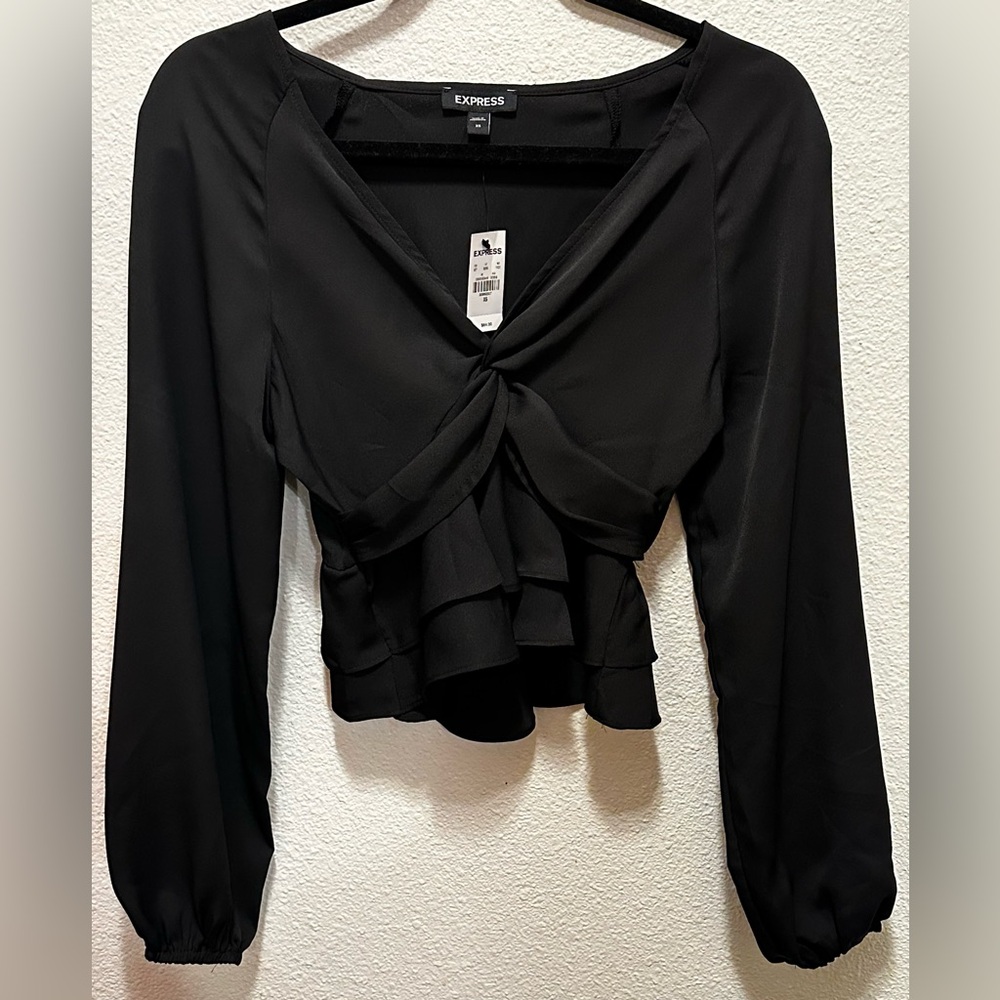 Express Black Twist Front Ruffled Long Sleeve Blouse, NEW - Picture 2 of 4